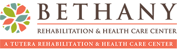 Logo for Bethany Rehabilitation & Health Care Center with a stylized green and orange leaf design to the left. The text below reads 