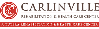 Logo of Carlinville Rehabilitation & Health Care Center, a Tutera Rehabilitation & Health Care Center. The design features a stylized white circle with leaves, accompanied by the center's name and tagline in a combination of grey and red text.
