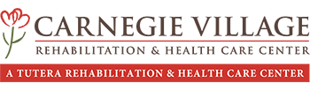 Logo of Carnegie Village, a Tutera Rehabilitation & Health Care Center. The logo features a mix of red and green colors, with the name 