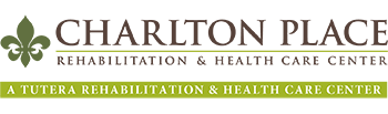 Logo of Charlton Place, a Tutera Rehabilitation and Health Care Center. The text is in brown and green fonts, while a green underline accentuates the name, resembling a grass field.