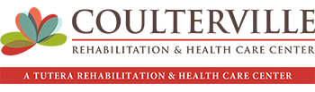 Logo of Coulterville, a Tutera Rehabilitation & Health Care Center. An abstract flower design in red, green, and teal is to the left. The text is in brown and red, with the name of the center in a larger font and its description below.