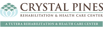 Logo of Crystal Pines Rehabilitation & Health Care Center with text below reading 