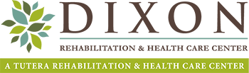 Logo for Dixon Rehabilitation & Health Care Center in brown, accompanied by a green and blue stylized tree graphic on the left. Beneath it, 
