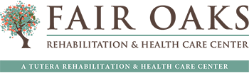 Logo for Fair Oak, a Tutera Rehabilitation & Health Care Center. It shows a tree with leaves and the center's name beneath. The colors primarily used are brown and green.