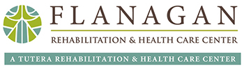 Logo for Flanagan Rehabilitation & Health Care Center. Above the name is a green and white circular abstract design. Below, a blue-green banner reads: 