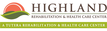 Logo for Highland Rehabilitation & Health Care Center. The logo includes stylized green and orange hills above the text. The tagline reads 