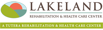 Logo of Lakeland a Tutera Rehabilitation & Health Care Center. The design includes abstract, stylized shapes in green, orange, and blue, with the center's name in uppercase letters. The tagline 