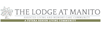 Logo for The Lodge at Manito. The design features a stylized tree on the left side. Text on the logo reads 