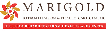 Logo for Marigold Rehabilitation & Health Care Center featuring a stylized marigold flower on the left and the center's name in bold text, with a red banner stating 