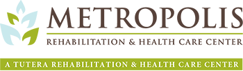Logo of Metropolis, a Tutera Rehabilitation & Health Care Center, featuring stylized green and brown elements and text to represent its commitment to health and well-being.