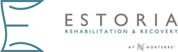 A logo for Estoria Rehabilitation & Recovery in blue, accompanied by a blue stylized E icon with horizontal lines, representing innovation and excellence in fields such as Rehabilitation & Recovery.