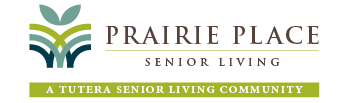 Logo for Prairie Place Senior Living, featuring abstract green leaf shapes above the name and the tagline 