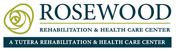 Logo for Rosewood Nursing & Rehabilitation & Health Care Center, featuring a green rose icon on the left and the text 