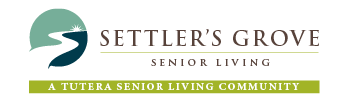 Logo for Settler’s Grove Senior Living, featuring a graphic of a winding path with a sun over green hills, and the text “A Tutera Senior Living Community” beneath the main name.