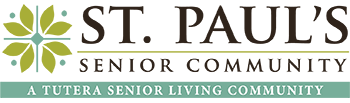 Logo of St. Pauls Senior Living with a green and yellow abstract design on the left. Below in green text, it says, 