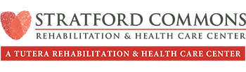 Logo of Stratford Commons, A Tutera Rehabilitation & Health Care Center, featuring a stylized tree on the left. 