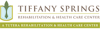 Logo of Tiffany Springs Rehabilitation and Health Care Center, a Tutera Rehabilitation & Health Care Center. The logo features a stylized shield with a green leaf and a ribbon, accompanied by the center’s name in elegant font.