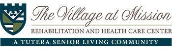 Logo for The Village at Mission Rehabilitation & Health Care Center. The logo on the left features an eagle with a U.S. flag-inspired shield.