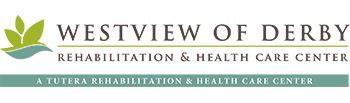 Logo of Westview of Derby a Tutera Rehabilitation & Health Care Center. The design features green and brown colors with a wave-like pattern, indicating a focus on health and rehabilitation services.