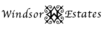 Logo for Windsor Estates in elegant, cursive font. An intricate, decorative emblem with symmetrical patterns and a central 