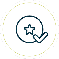 A simple icon of a star inside a circle with a check mark overlapping the lower right side, all in dark blue lines on a white background with a thin outer yellow-green circle.