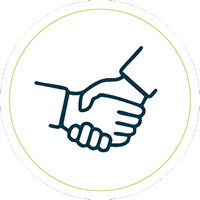 Simple line drawing of two hands shaking, symbolizing agreement or partnership, enclosed within a thin circular border on a white background.